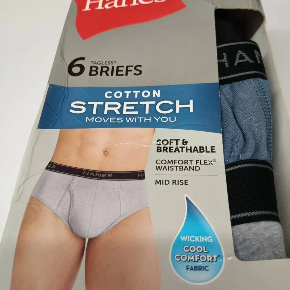 Hanes 6 Briefs Tagless Underwear‎ Size 2XL (44-46) Cotton Stretch Mid Rise